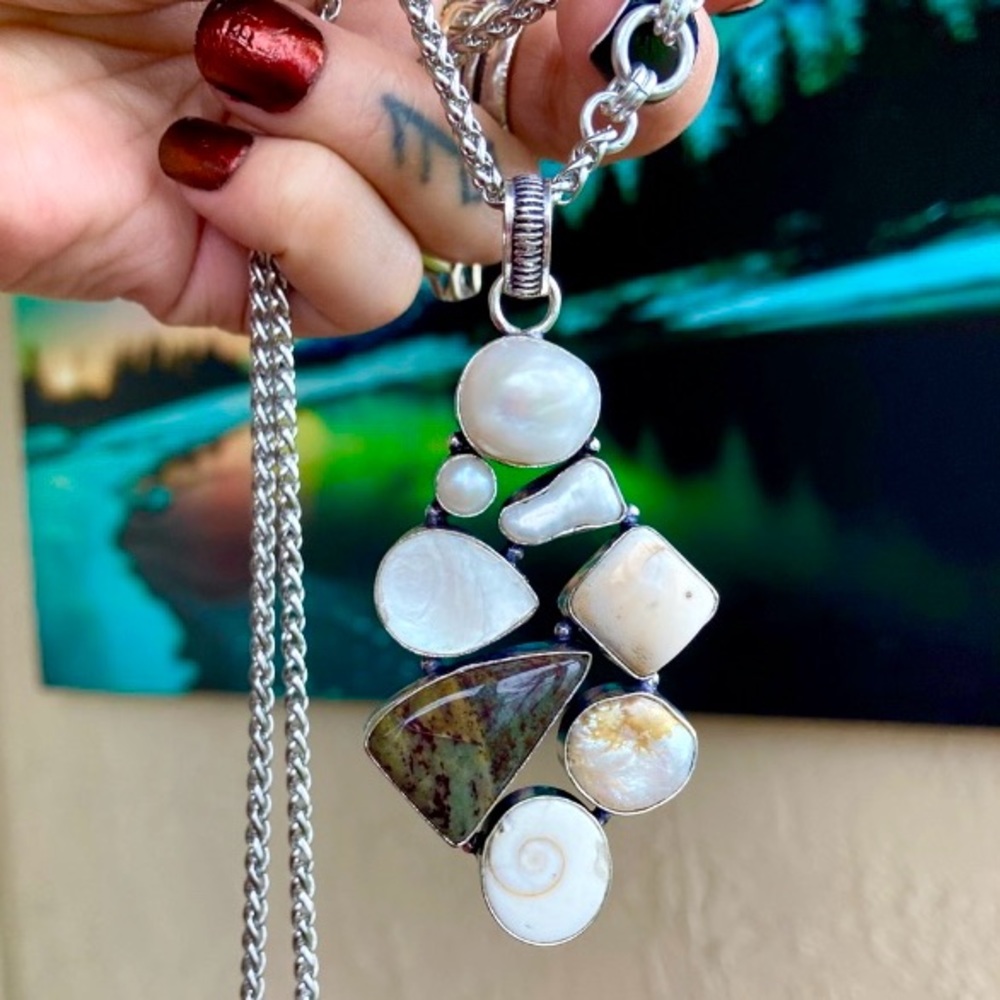 925 sterling silver overlay charm Pearl abalone fossil shiva eye shell necklace. - Picture 1 of 11